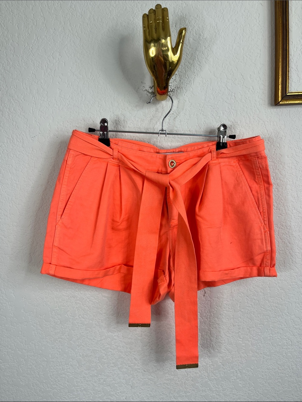 Juicy Couture Pleated Belted Neon Rolled Hem Shorts Gold Button Branded Hardware